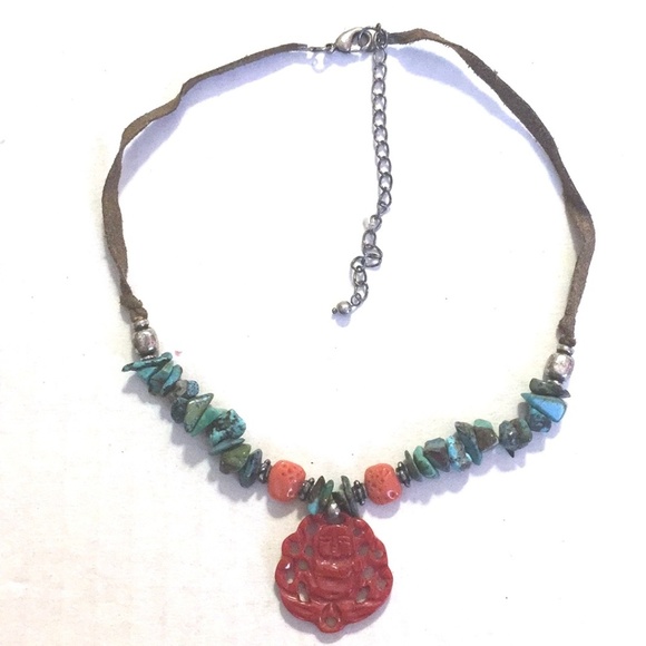 Choker real Turquoise suede Buddha charm hippyboho - Picture 2 of 8